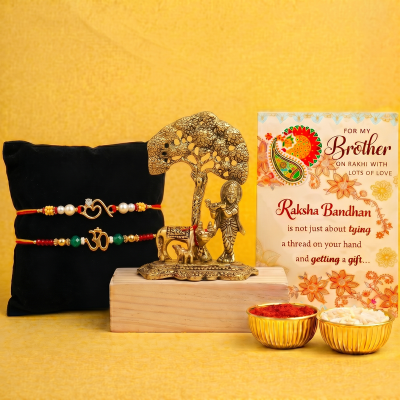 Archies 2 Devotional Rakhi Set for Brother with Special Archies Greeting Card + Krishna and Kamdhenu Showpiece - Rakhi Hamper for Brother, Bro, Bhaiya, Bhai | Rakhi Gift for Brother