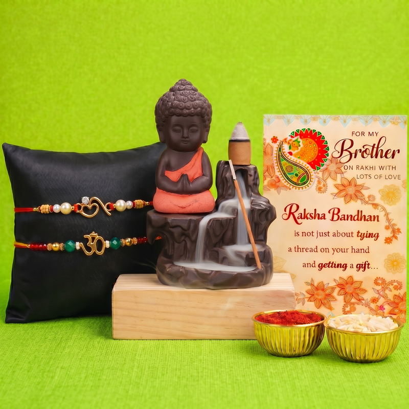 Archies 2 Meaningful Rakhi Set for Brother with Special Archies Greeting Card + Buddha Smoke Fountain - Rakhi Hamper for Brother, Bro, Bhaiya, Bhai | Rakhi Gift for Brother