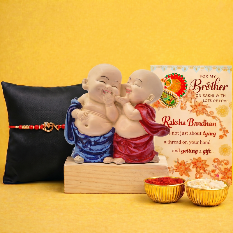 Archies Memorable Rakhi Set for Brother with Special Archies Greeting Card + Siblings Monk Buddha Showpiece - Rakhi Hamper for Brother, Bro, Bhaiya, Bhai | Rakhi Gift for Brother