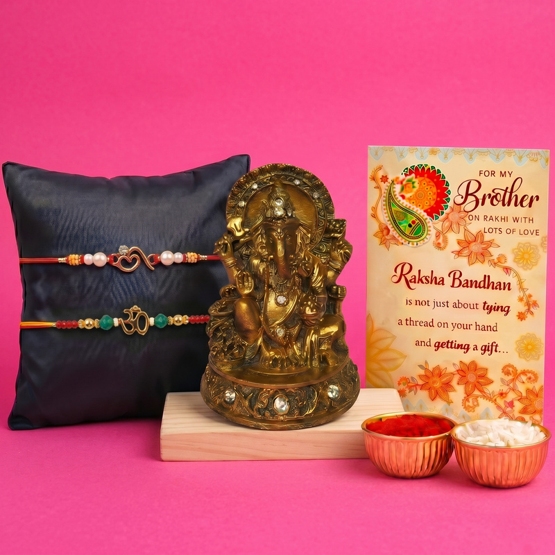 Archies 2 Elegant Rakhi Set for Brother with Special Archies Greeting Card + Ganesha Showpiece - Rakhi Hamper for Brother, Bro, Bhaiya, Bhai | Rakhi Gift for Brother