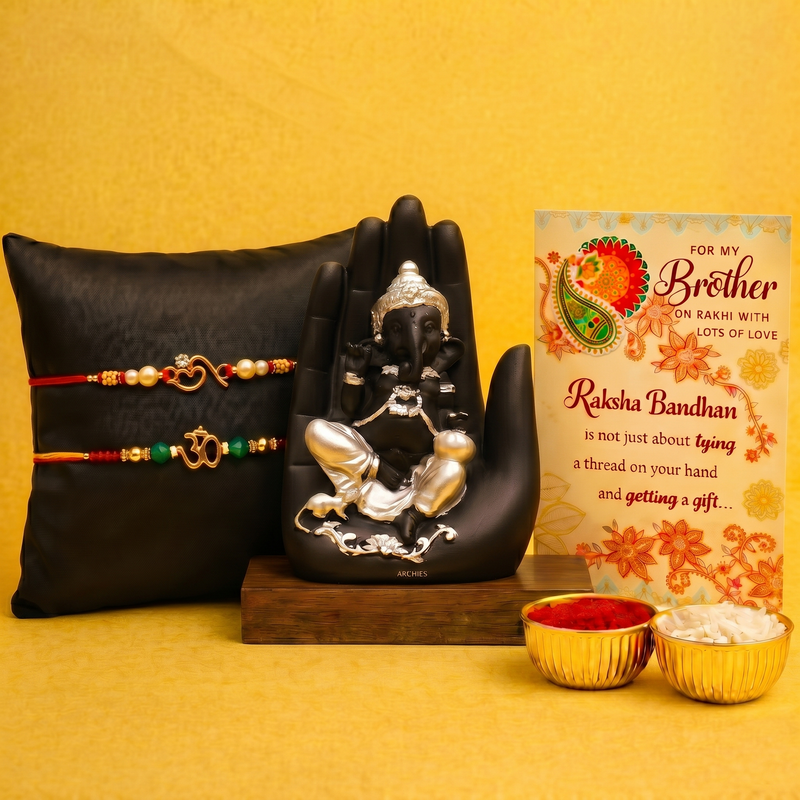 Archies 2 Elegant Rakhi Set for Brother with Special Archies Greeting Card + Ganesha Showpiece - Rakhi Hamper for Brother, Bro, Bhaiya, Bhai | Rakhi Gift for Brother