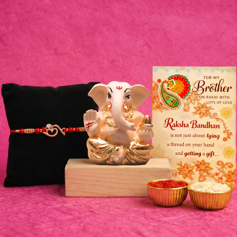 Archies 1 Auspicious Rakhi Set for Brother with Special Archies Greeting Card + Ganesha Showpiece - Rakhi Hamper for Brother, Bro, Bhaiya, Bhai | Rakhi Gift for Brother