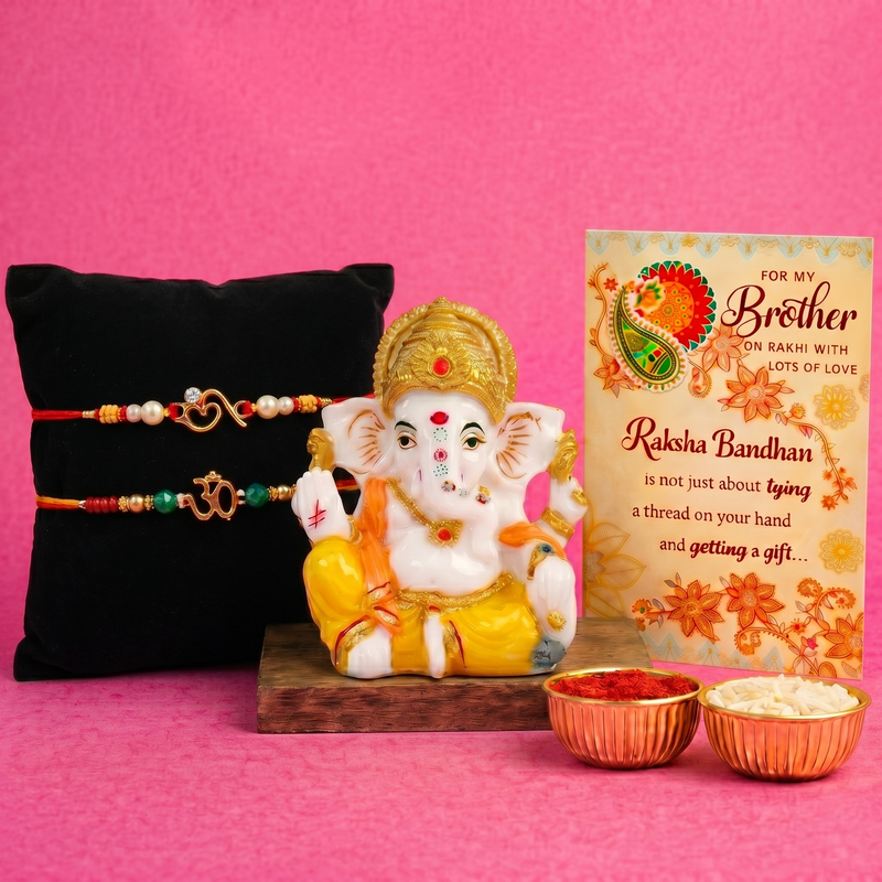 Archies 2 Religious Rakhi Set for Brother with Special Archies Greeting Card + Ganesha Showpiece - Rakhi Hamper for Brother, Bro, Bhaiya, Bhai | Rakhi Gift for Brother