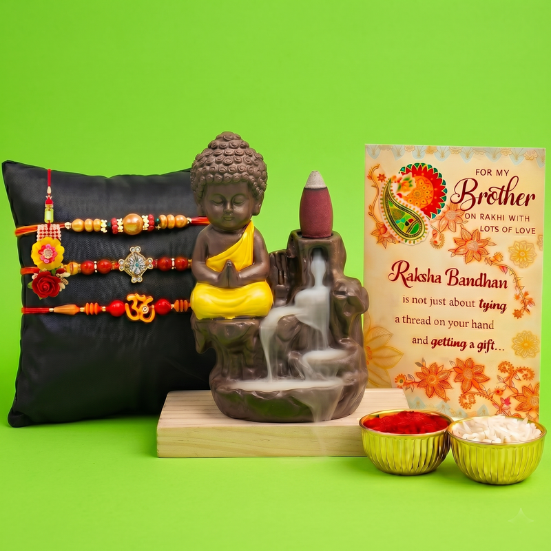Archies 3 Spiritual Rakhi Set for Brother and Bhabhi with Special Archies Greeting Card + Buddha Smoke Fountain - Rakhi Hamper for Bhaiya Bhabhi, Bhabhi, Sister-in-Law | Rakhi Gift for Brother and Bhabhi