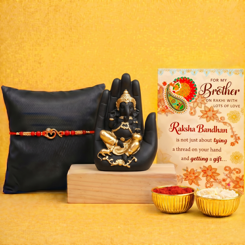 Archies Sacred Rakhi Set for Brother with Special Archies Greeting Card + Palm Ganesha Showpiece - Rakhi Hamper for Brother, Bro, Bhaiya, Bhai | Rakhi Gift for Brother