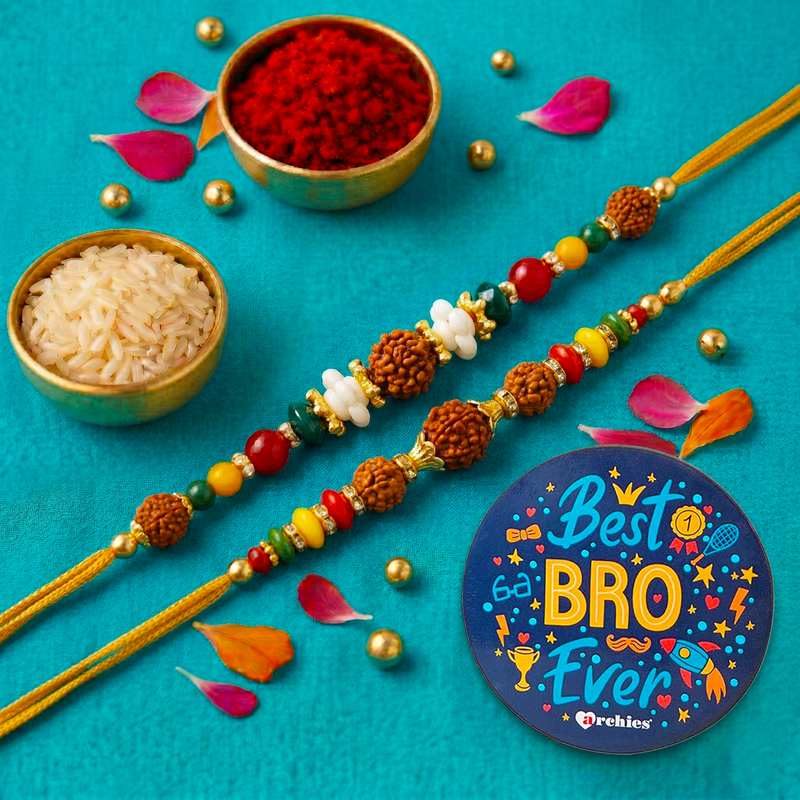 Archies 2 Rudraksh Rakhi Set for Brother with Special Archies Greeting Card + Raksha Bandhan Sister Reminder Fridge Magnet - Rakhi Hamper for Brother, Bro, Bhaiya, Bhai | Rakhi Gift for Brother
