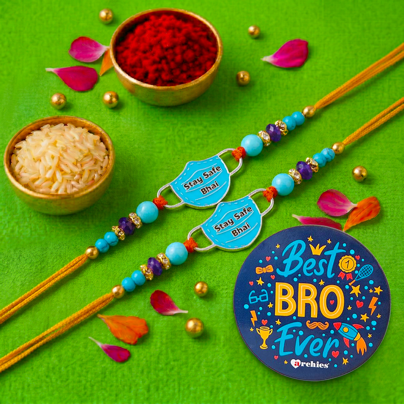 Archies 2 Caring Rakhi Set for Brother with Special Archies Greeting Card + Raksha Bandhan Sister Reminder Fridge Magnet - Rakhi Hamper for Brother, Bro, Bhaiya, Bhai | Rakhi Gift for Brother
