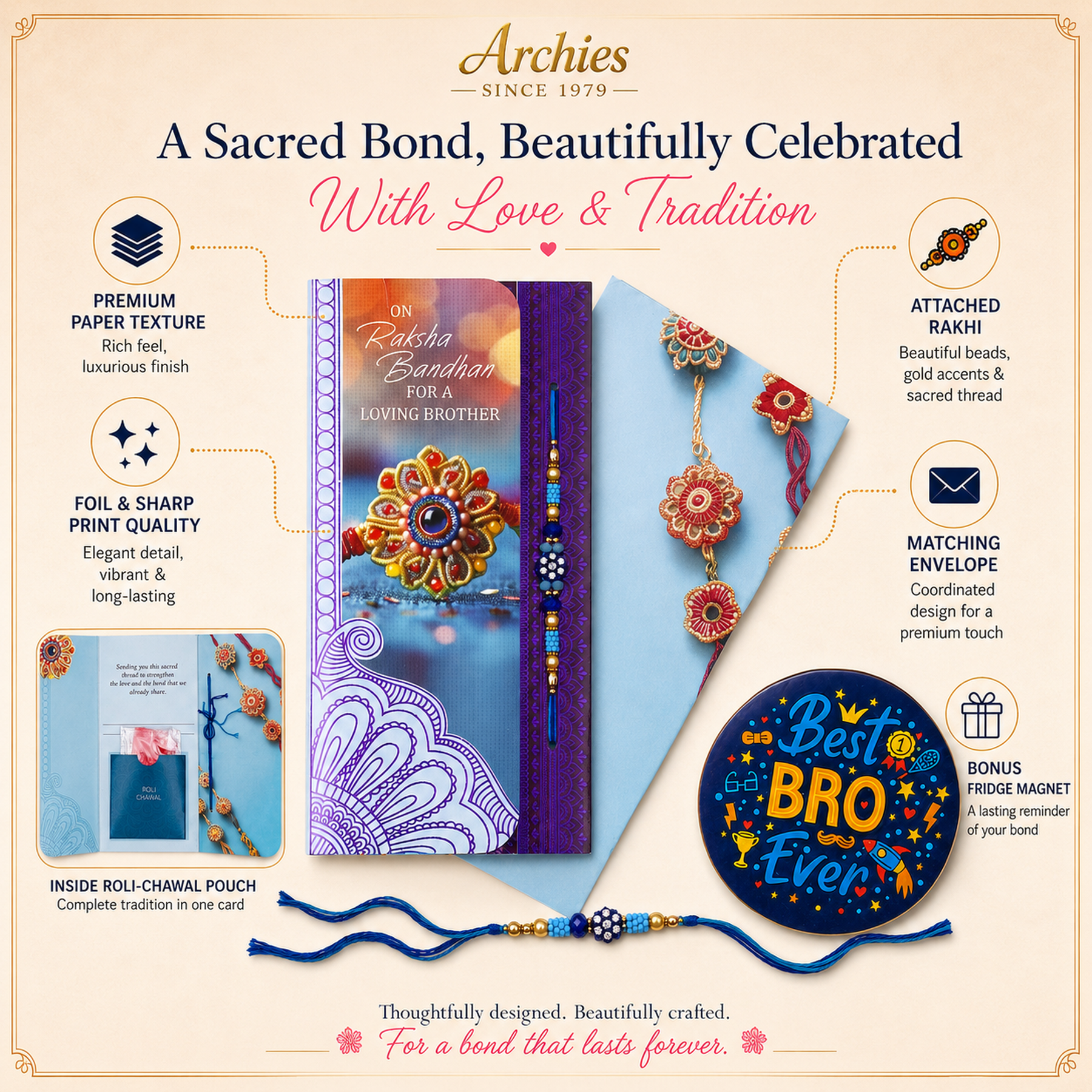ARCHIES Greeting Card with 1 Fridge Magnet for Brother - Special Archies Card for Bhaiya, Bhai, Bro | Rakhi for Brother Gift Card | Raksha Bandhan Gift Set | Festival Gift Set 870932