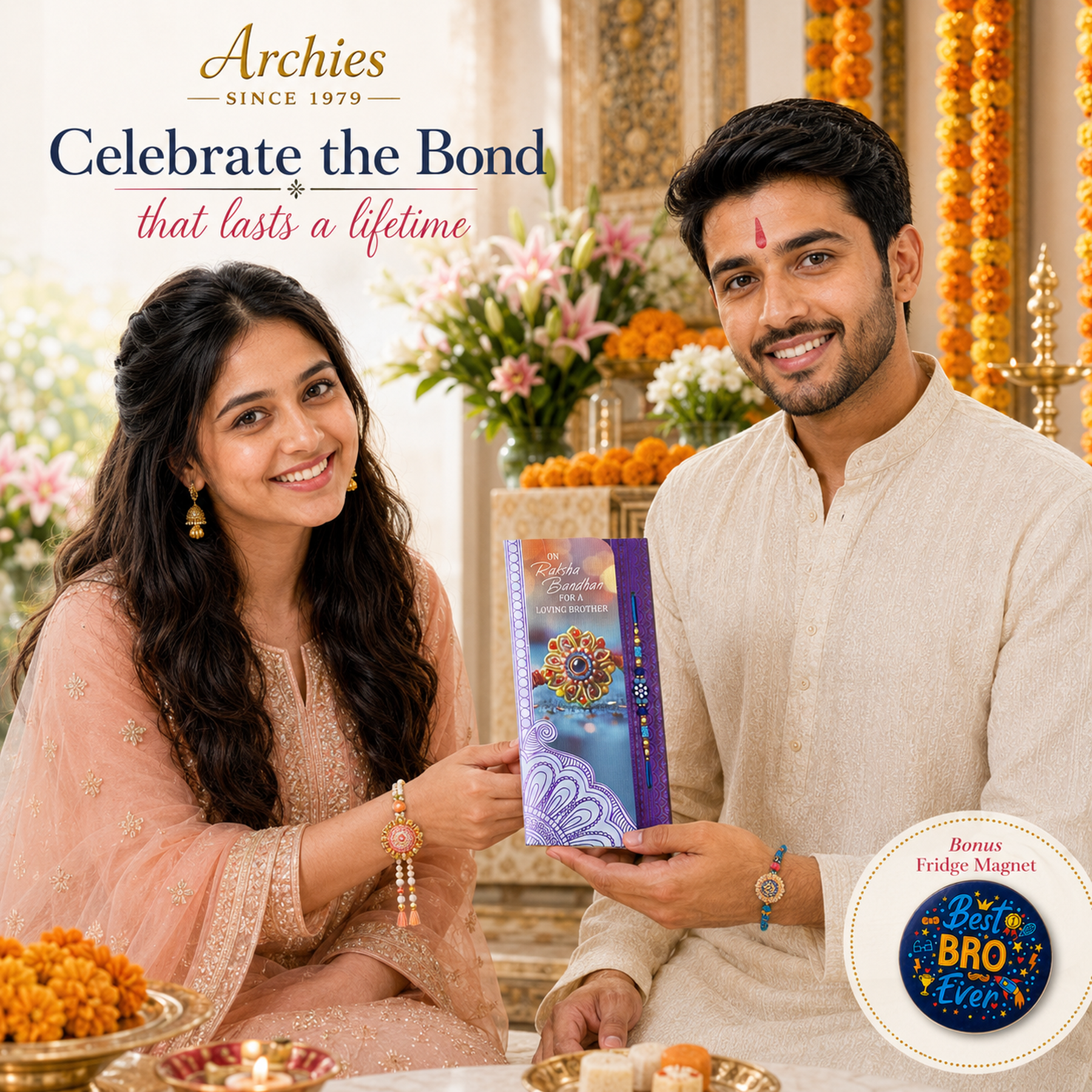 ARCHIES Greeting Card with 1 Fridge Magnet for Brother - Special Archies Card for Bhaiya, Bhai, Bro | Rakhi for Brother Gift Card | Raksha Bandhan Gift Set | Festival Gift Set 870932