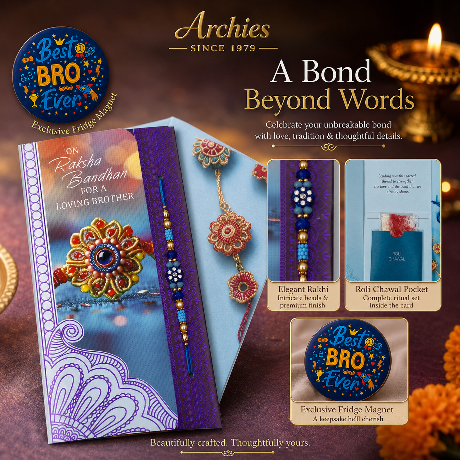 ARCHIES Greeting Card with 1 Fridge Magnet for Brother - Special Archies Card for Bhaiya, Bhai, Bro | Rakhi for Brother Gift Card | Raksha Bandhan Gift Set | Festival Gift Set 870932