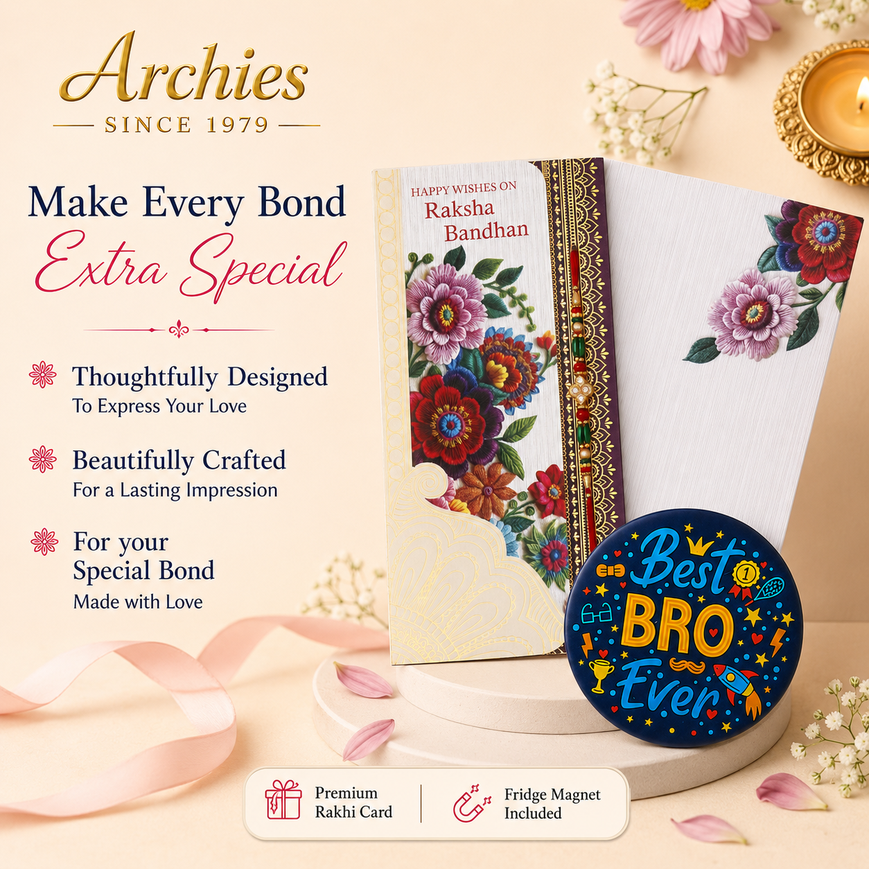 ARCHIES Greeting Card with 1 Fridge Magnet for Brother - Special Archies Card for Bhaiya, Bhai, Bro | Rakhi for Brother Gift Card | Raksha Bandhan Gift Set | Festival Gift Set 870956