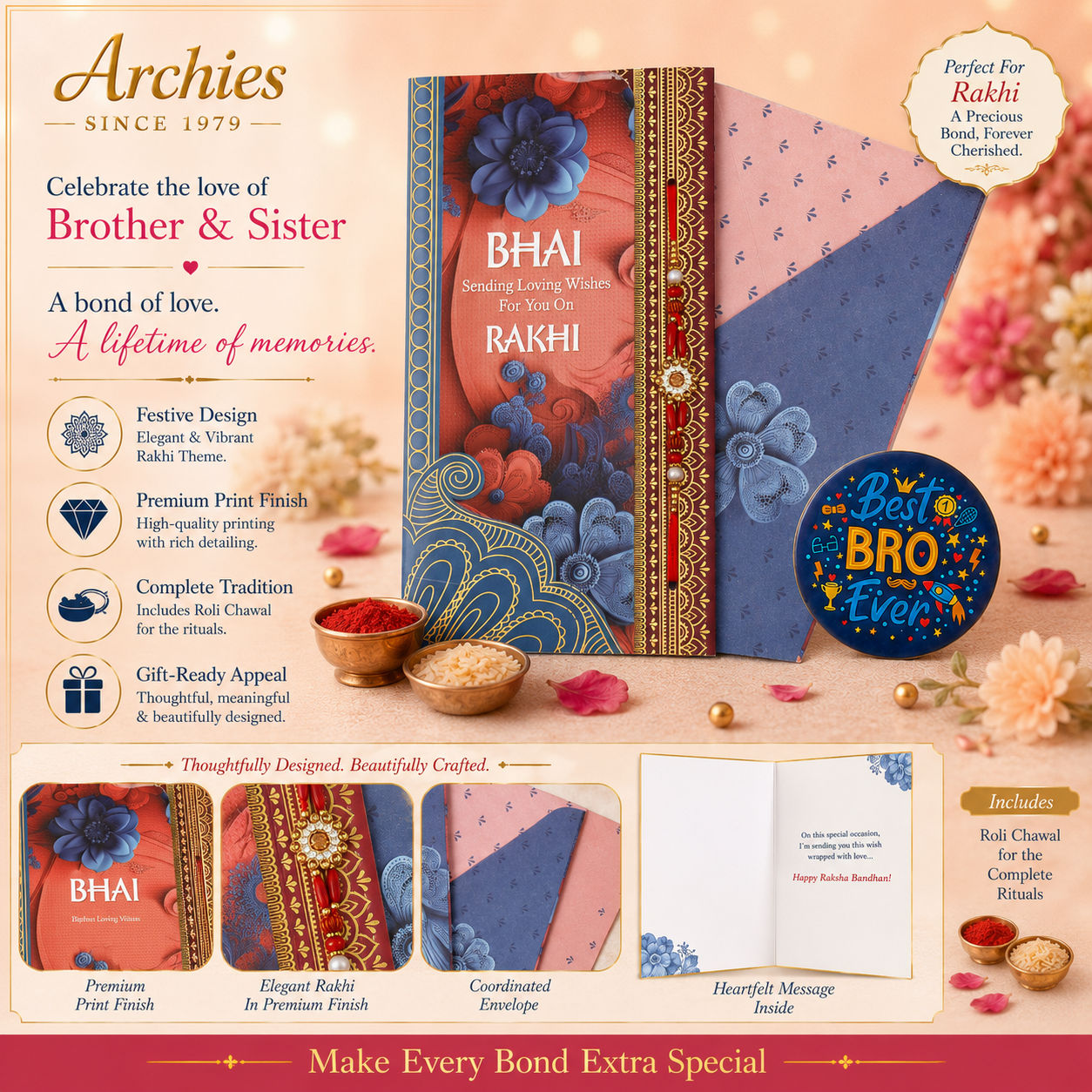 ARCHIES Greeting Card with 1 Fridge Magnet for Brother - Special Archies Card for Bhaiya, Bhai, Bro | Rakhi for Brother Gift Card | Raksha Bandhan Gift Set | Festival Gift Set 870963