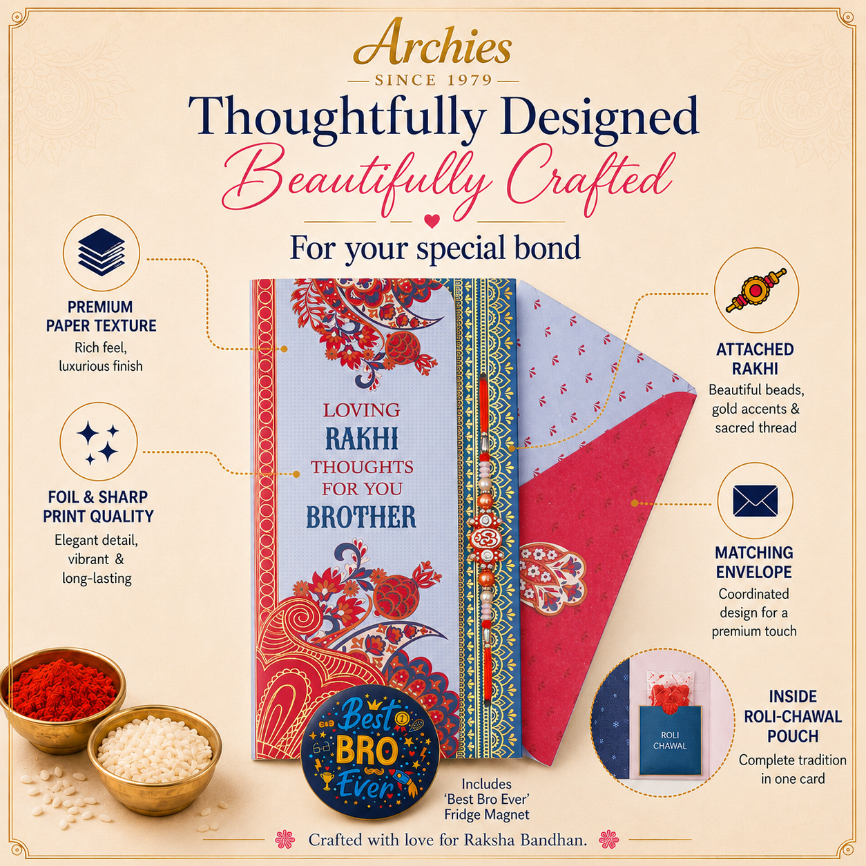 ARCHIES Greeting Card with 1 Fridge Magnet for Brother - Special Archies Card for Bhaiya, Bhai, Bro | Rakhi for Brother Gift Card | Raksha Bandhan Gift Set | Festival Gift Set 871007