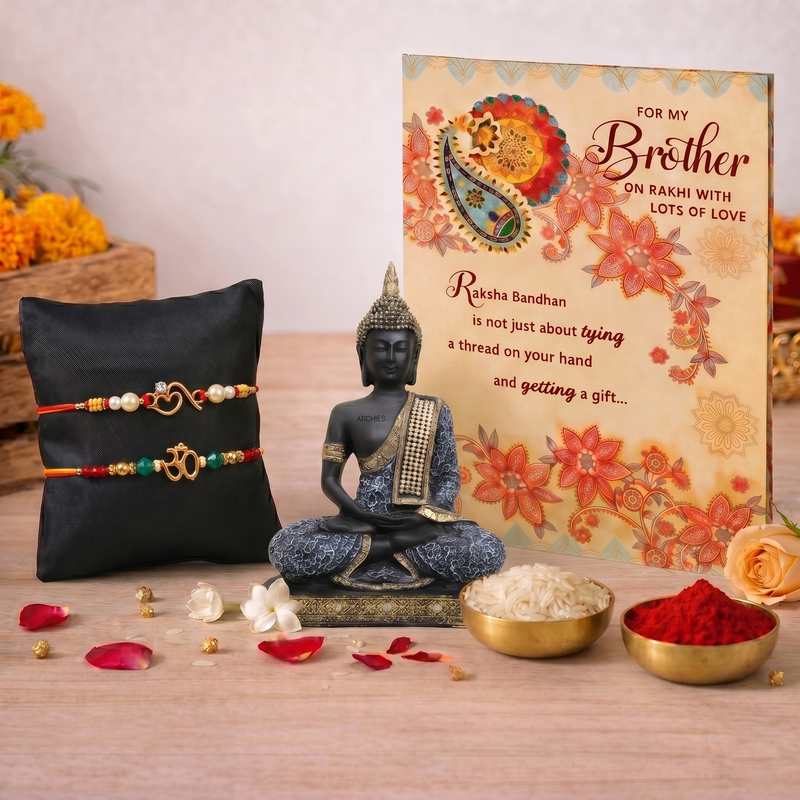 Archies 2 Peaceful Rakhi Set for Brother with Special Archies Greeting Card + Meditating Buddha Showpiece - Rakhi Hamper for Brother, Bro, Bhaiya, Bhai | Rakhi Gift for Brother