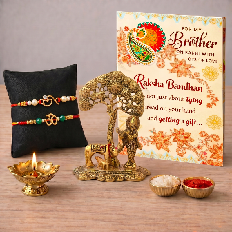 Archies 2 Devotional Rakhi Set for Brother with Special Archies Greeting Card + Krishna and Kamdhenu Showpiece - Rakhi Hamper for Brother, Bro, Bhaiya, Bhai | Rakhi Gift for Brother