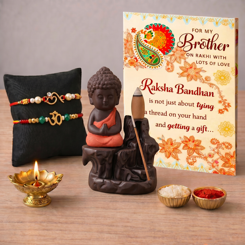 Archies 2 Meaningful Rakhi Set for Brother with Special Archies Greeting Card + Buddha Smoke Fountain - Rakhi Hamper for Brother, Bro, Bhaiya, Bhai | Rakhi Gift for Brother