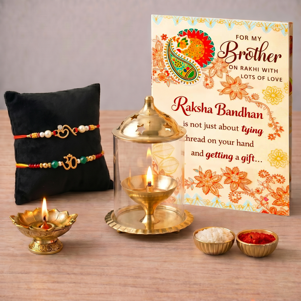 Archies 2 Traditional Rakhi Set for Brother with Special Archies Greeting Card + Akhand Diya Gift - Rakhi Hamper for Brother, Bro, Bhaiya, Bhai | Rakhi Gift for Brother