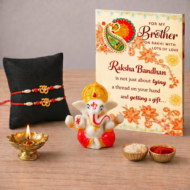 Archies 2 Religious Rakhi Set for Brother with Special Archies Greeting Card + Ganesha Showpiece - Rakhi Hamper for Brother, Bro, Bhaiya, Bhai | Rakhi Gift for Brother