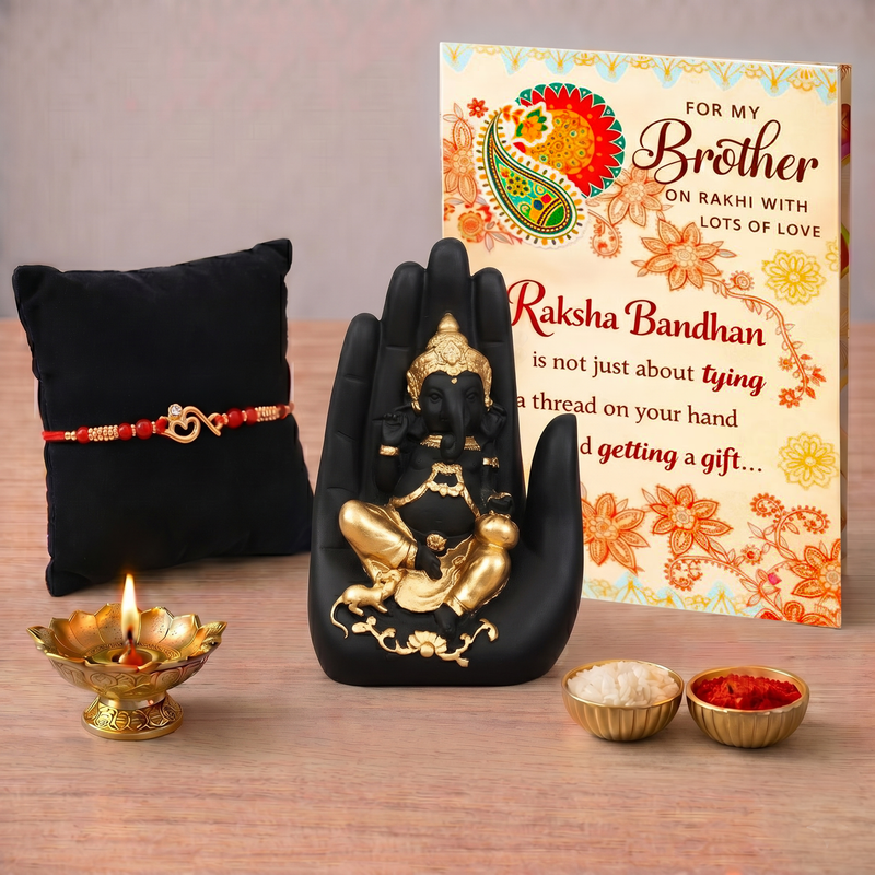 Archies Sacred Rakhi Set for Brother with Special Archies Greeting Card + Palm Ganesha Showpiece - Rakhi Hamper for Brother, Bro, Bhaiya, Bhai | Rakhi Gift for Brother