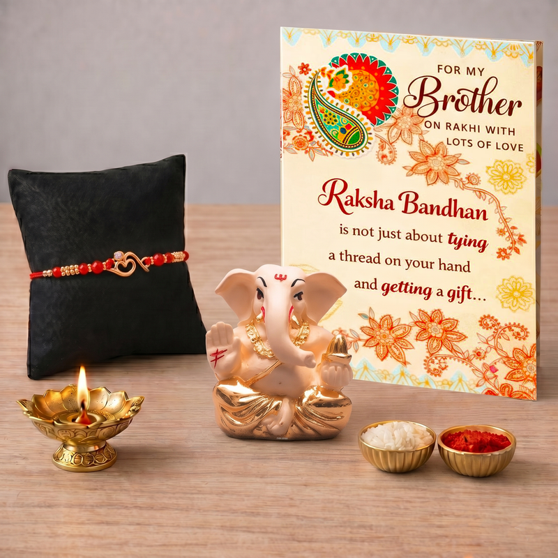 Archies 1 Auspicious Rakhi Set for Brother with Special Archies Greeting Card + Ganesha Showpiece - Rakhi Hamper for Brother, Bro, Bhaiya, Bhai | Rakhi Gift for Brother