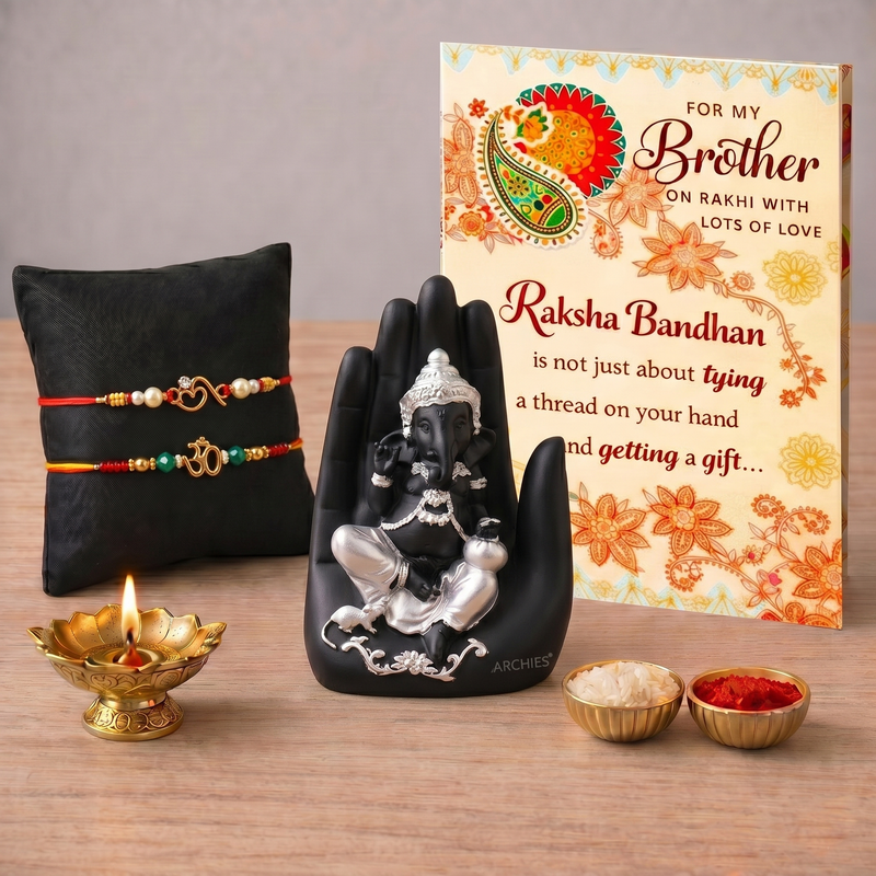 Archies 2 Elegant Rakhi Set for Brother with Special Archies Greeting Card + Ganesha Showpiece - Rakhi Hamper for Brother, Bro, Bhaiya, Bhai | Rakhi Gift for Brother