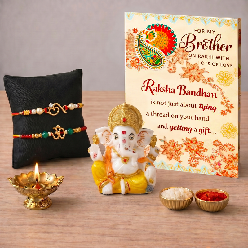 Archies 2 Religious Rakhi Set for Brother with Special Archies Greeting Card + Ganesha Showpiece - Rakhi Hamper for Brother, Bro, Bhaiya, Bhai | Rakhi Gift for Brother