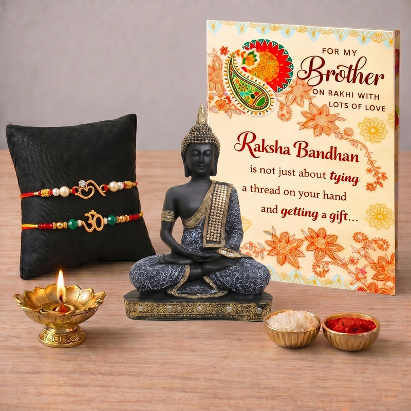 Archies 2 Peaceful Rakhi Set for Brother with Special Archies Greeting Card + Meditating Buddha Showpiece - Rakhi Hamper for Brother, Bro, Bhaiya, Bhai | Rakhi Gift for Brother