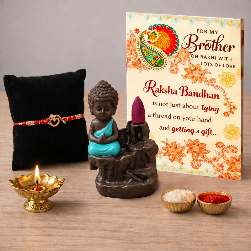 Archies Meaningful Rakhi Set for Brother with Special Archies Greeting Card + Buddha Smoke Fountain - Rakhi Hamper for Brother, Bro, Bhaiya, Bhai | Rakhi Gift for Brother