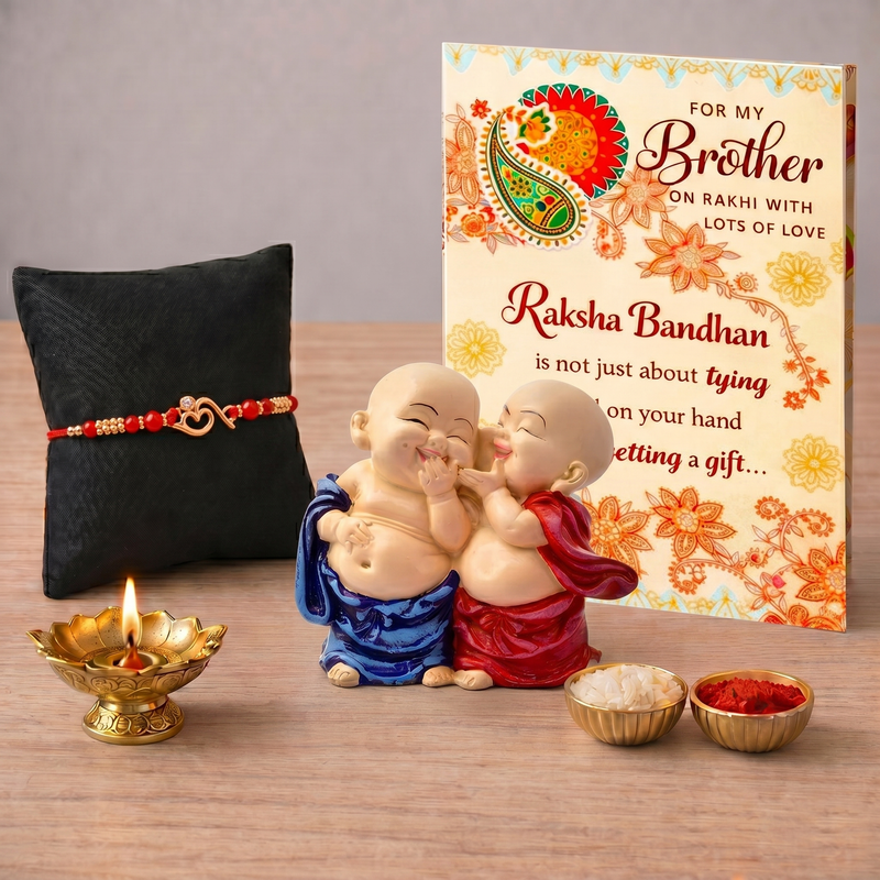 Archies Memorable Rakhi Set for Brother with Special Archies Greeting Card + Siblings Monk Buddha Showpiece - Rakhi Hamper for Brother, Bro, Bhaiya, Bhai | Rakhi Gift for Brother