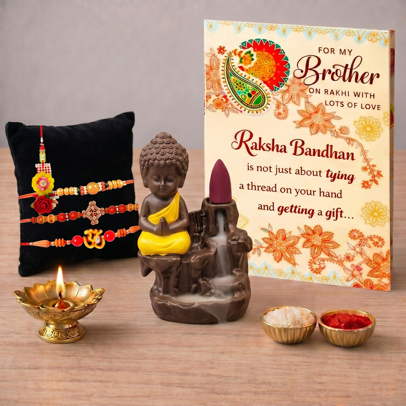 Archies 3 Spiritual Rakhi Set for Brother and Bhabhi with Special Archies Greeting Card + Buddha Smoke Fountain - Rakhi Hamper for Bhaiya Bhabhi, Bhabhi, Sister-in-Law | Rakhi Gift for Brother and Bhabhi