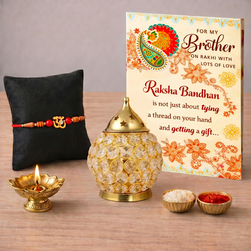 Archies Traditional Rakhi Set for Brother with Special Archies Greeting Card + Crystal Akhand Diya Lamp Set - Rakhi Hamper for Brother, Bro, Bhaiya, Bhai | Rakhi Gift for Brother