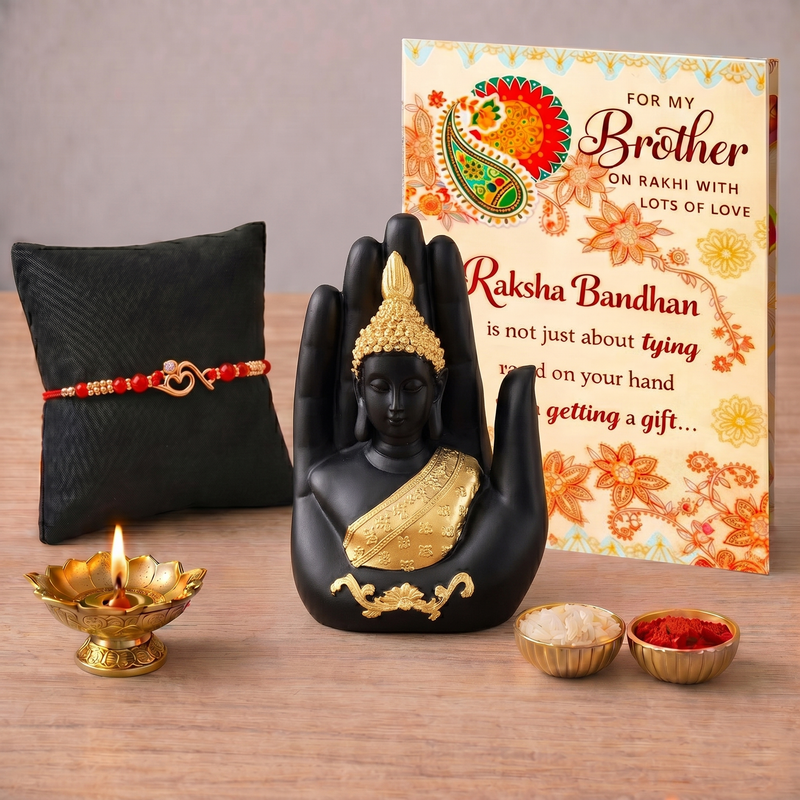 Archies Sacred Rakhi Set for Brother with Special Archies Greeting Card + Palm Ganesha Showpiece - Rakhi Hamper for Brother, Bro, Bhaiya, Bhai | Rakhi Gift for Brother