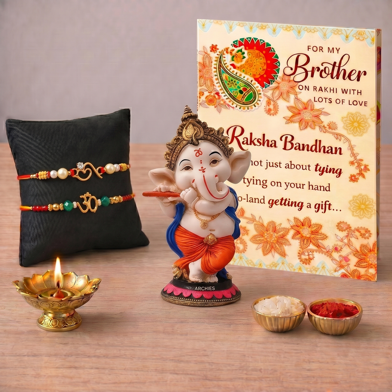 Archies 2 Peaceful Rakhi Set for Brother with Special Archies Greeting Card + Meditating Buddha Showpiece - Rakhi Hamper for Brother, Bro, Bhaiya, Bhai | Rakhi Gift for Brother