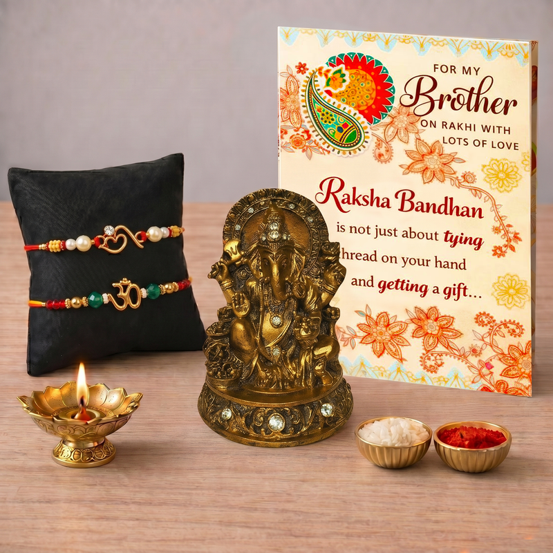 Archies 2 Elegant Rakhi Set for Brother with Special Archies Greeting Card + Ganesha Showpiece - Rakhi Hamper for Brother, Bro, Bhaiya, Bhai | Rakhi Gift for Brother