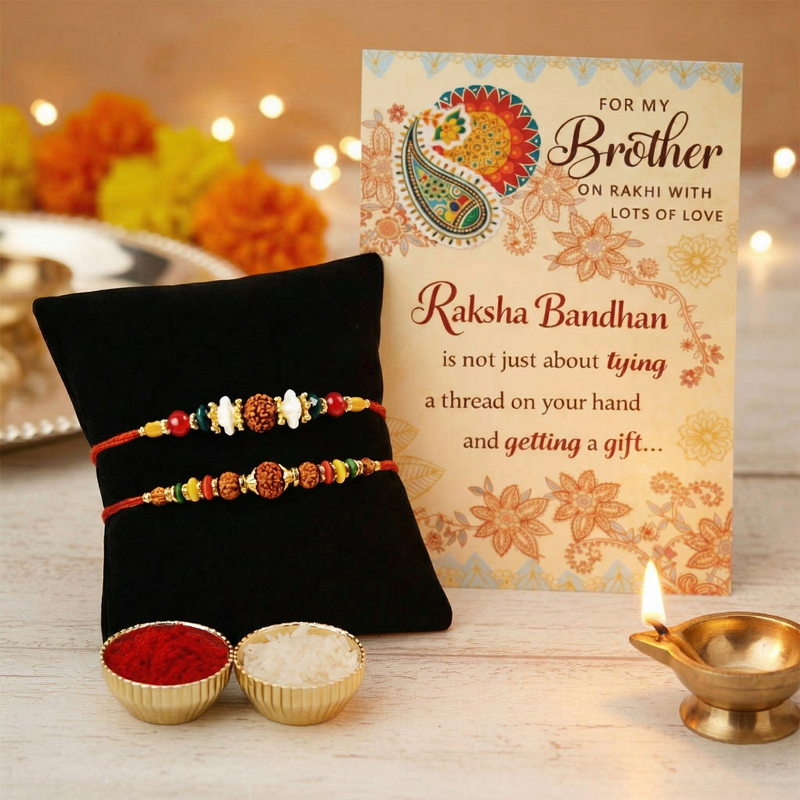 Archies 2 Rudraksh Rakhi Set for Brother with Special Archies Greeting Card + Raksha Bandhan Sister Reminder Fridge Magnet - Rakhi Hamper for Brother, Bro, Bhaiya, Bhai | Rakhi Gift for Brother