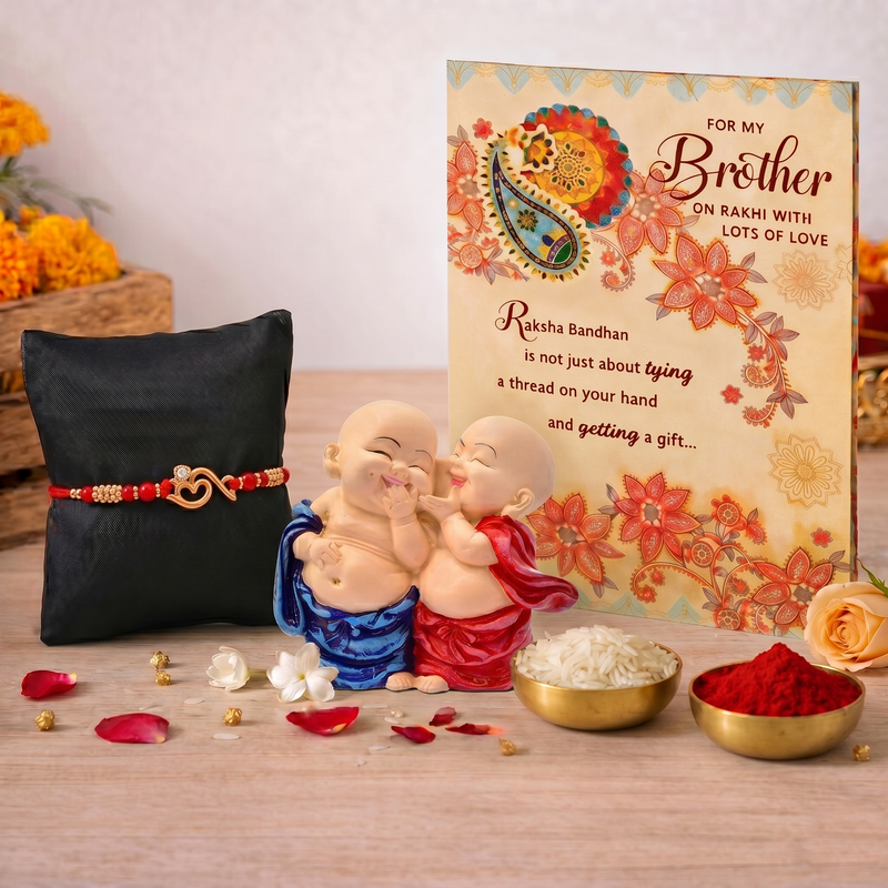 Archies Memorable Rakhi Set for Brother with Special Archies Greeting Card + Siblings Monk Buddha Showpiece - Rakhi Hamper for Brother, Bro, Bhaiya, Bhai | Rakhi Gift for Brother