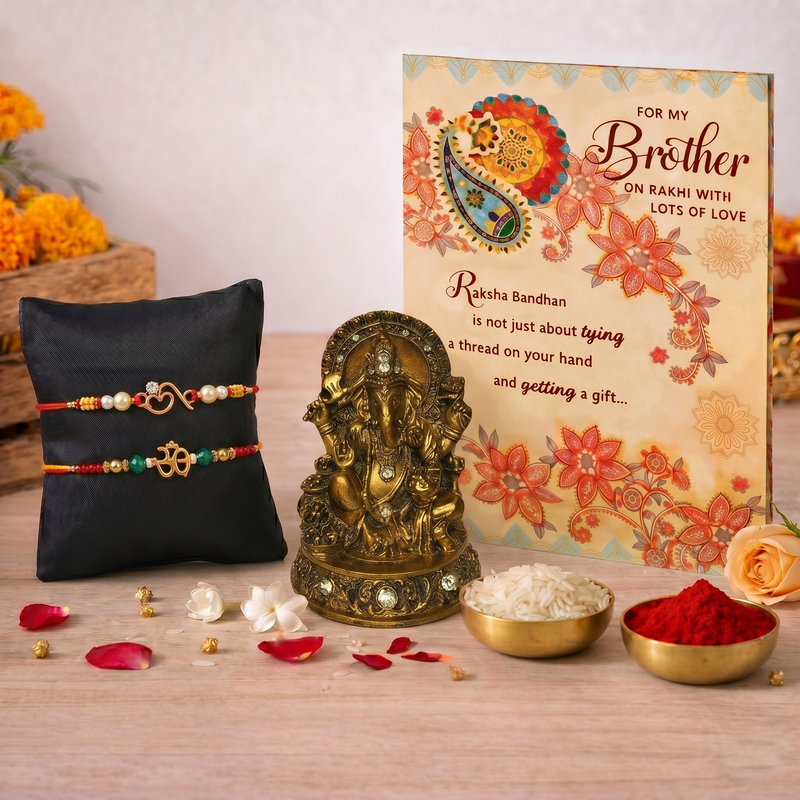 Archies 2 Elegant Rakhi Set for Brother with Special Archies Greeting Card + Ganesha Showpiece - Rakhi Hamper for Brother, Bro, Bhaiya, Bhai | Rakhi Gift for Brother