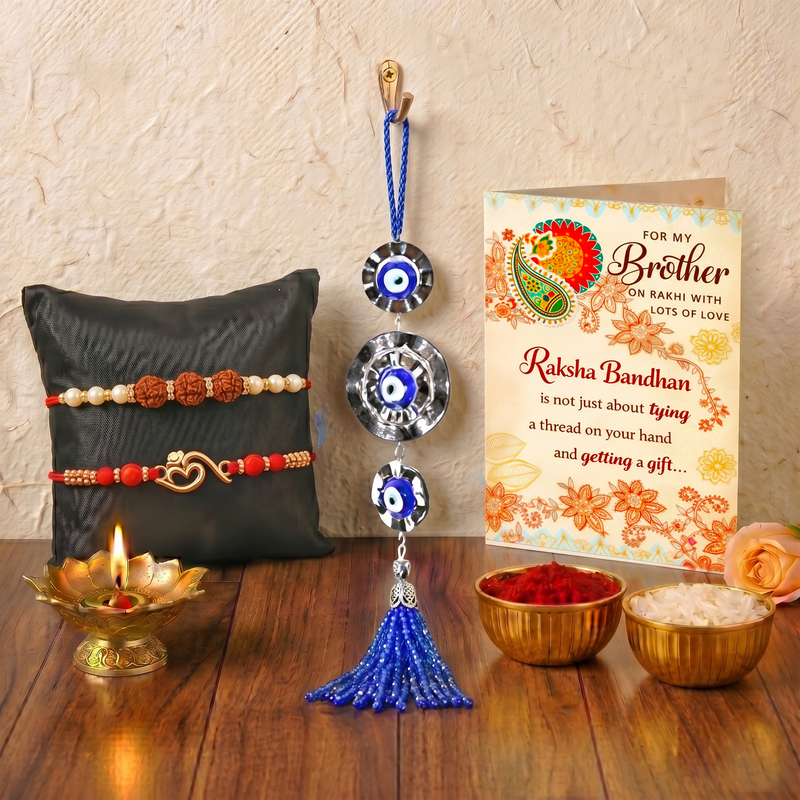 Archies Modern Evil Eye Rakhi Set for Brother with Special Archies Greeting Card + Evil Eye Wall Hanging for Nazar Protection - Rakhi Hamper for Brother, Bro, Bhaiya, Bhai | Rakhi Gift for Brother