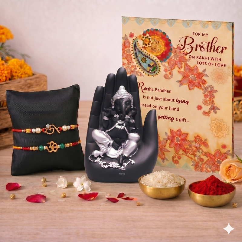 Archies 2 Elegant Rakhi Set for Brother with Special Archies Greeting Card + Ganesha Showpiece - Rakhi Hamper for Brother, Bro, Bhaiya, Bhai | Rakhi Gift for Brother