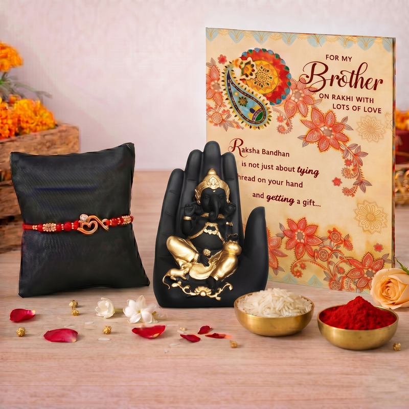 Archies Sacred Rakhi Set for Brother with Special Archies Greeting Card + Palm Ganesha Showpiece - Rakhi Hamper for Brother, Bro, Bhaiya, Bhai | Rakhi Gift for Brother