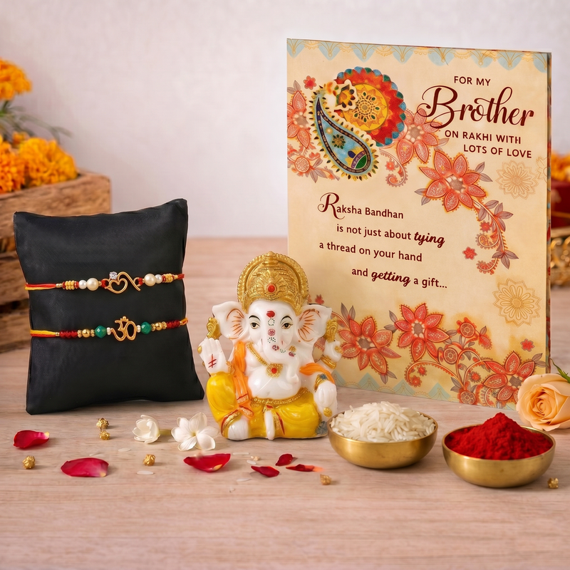 Archies 2 Religious Rakhi Set for Brother with Special Archies Greeting Card + Ganesha Showpiece - Rakhi Hamper for Brother, Bro, Bhaiya, Bhai | Rakhi Gift for Brother