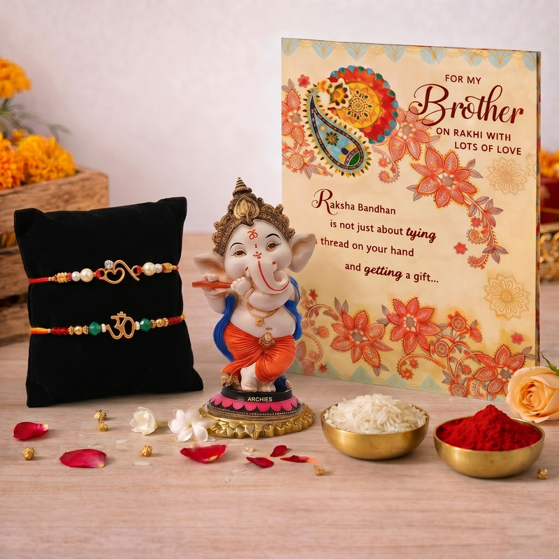 Archies 2 Peaceful Rakhi Set for Brother with Special Archies Greeting Card + Meditating Buddha Showpiece - Rakhi Hamper for Brother, Bro, Bhaiya, Bhai | Rakhi Gift for Brother