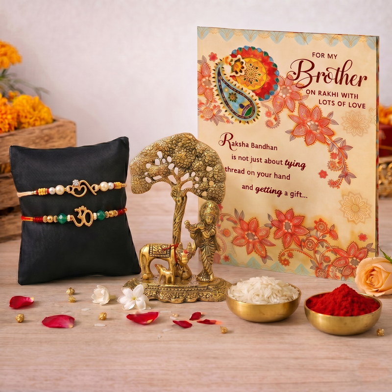 Archies 2 Devotional Rakhi Set for Brother with Special Archies Greeting Card + Krishna and Kamdhenu Showpiece - Rakhi Hamper for Brother, Bro, Bhaiya, Bhai | Rakhi Gift for Brother