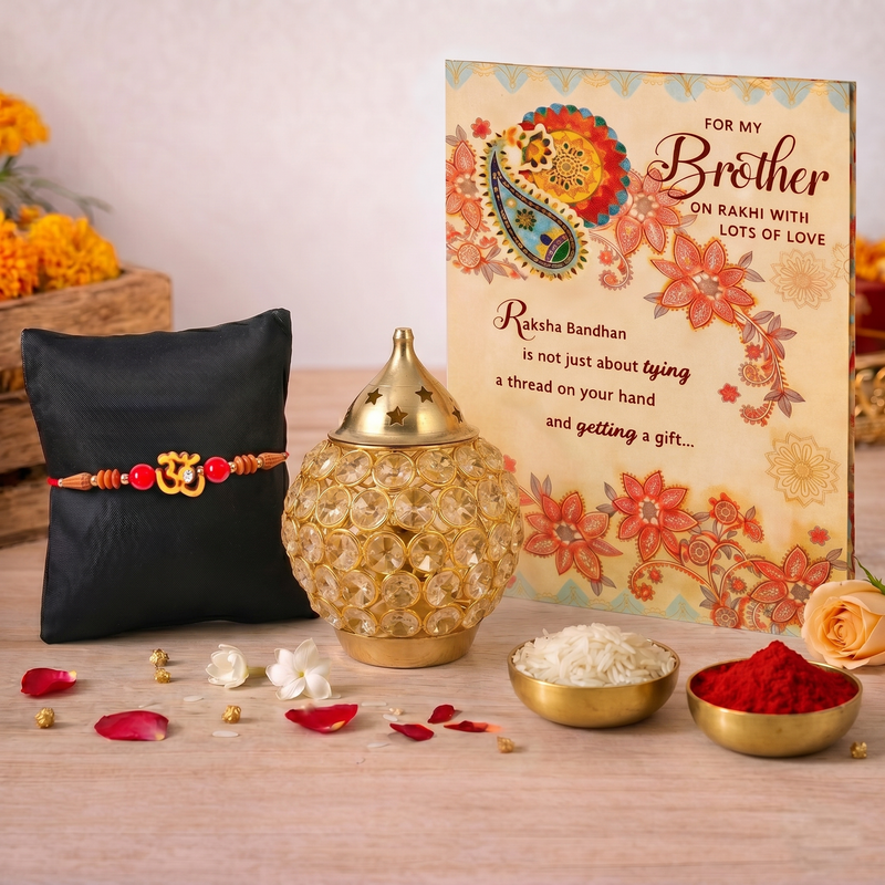 Archies Traditional Rakhi Set for Brother with Special Archies Greeting Card + Crystal Akhand Diya Lamp Set - Rakhi Hamper for Brother, Bro, Bhaiya, Bhai | Rakhi Gift for Brother