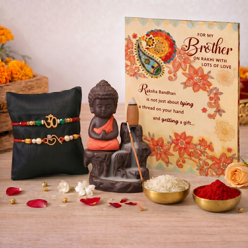 Archies 2 Meaningful Rakhi Set for Brother with Special Archies Greeting Card + Buddha Smoke Fountain - Rakhi Hamper for Brother, Bro, Bhaiya, Bhai | Rakhi Gift for Brother
