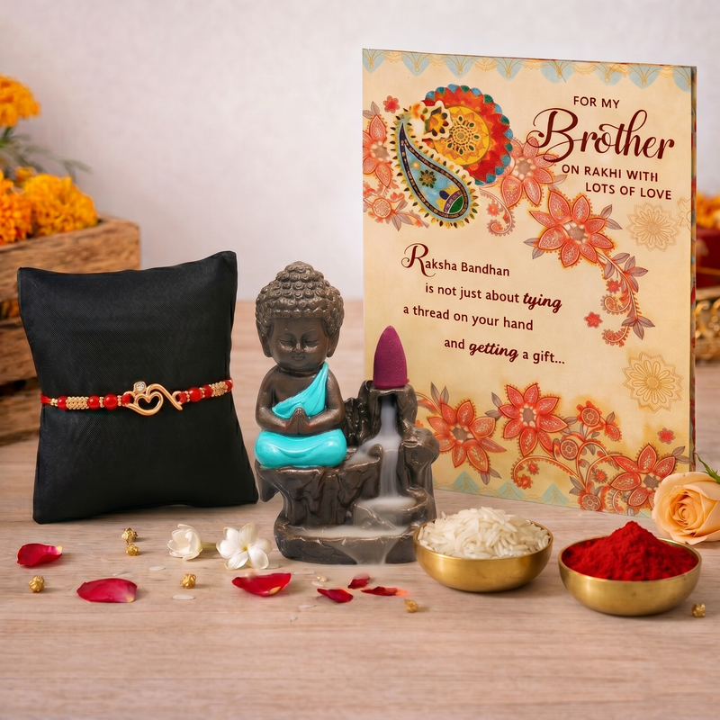 Archies Meaningful Rakhi Set for Brother with Special Archies Greeting Card + Buddha Smoke Fountain - Rakhi Hamper for Brother, Bro, Bhaiya, Bhai | Rakhi Gift for Brother