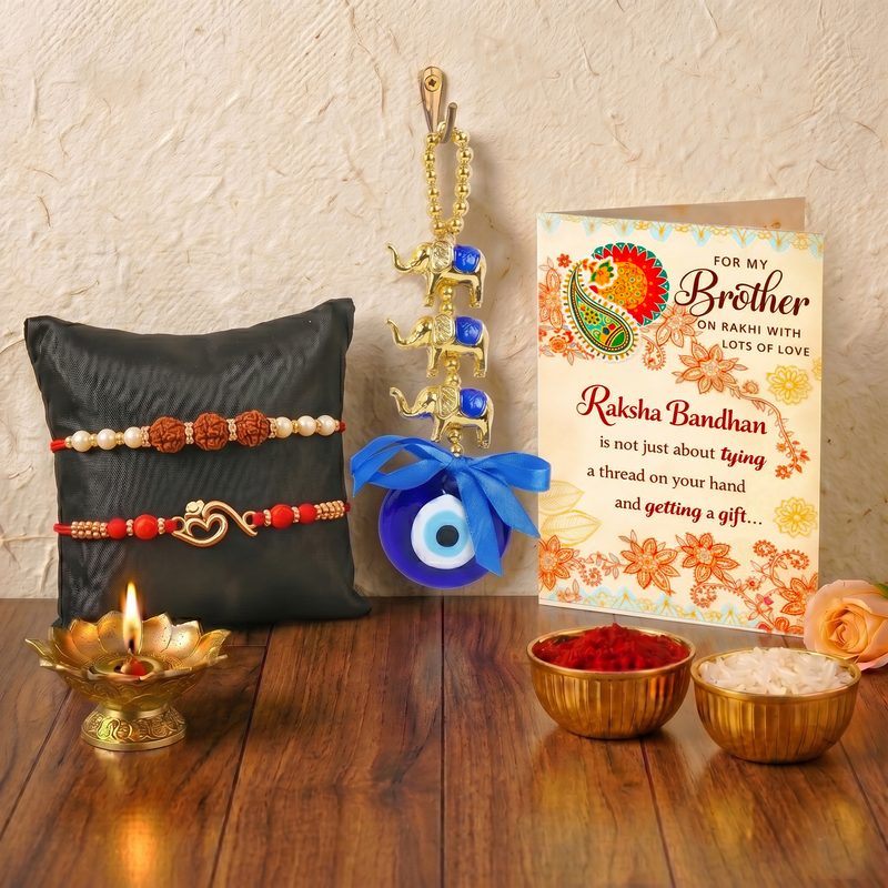 Archies Premium Evil Eye Rakhi Set for Brother with Special Archies Greeting Card + Evil Eye Wall Hanging for Nazar Protection - Rakhi Hamper for Brother, Bro, Bhaiya, Bhai | Rakhi Gift for Brother