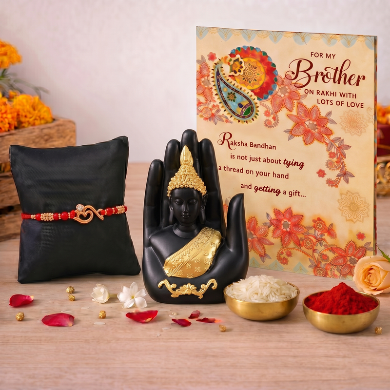 Archies Sacred Rakhi Set for Brother with Special Archies Greeting Card + Palm Ganesha Showpiece - Rakhi Hamper for Brother, Bro, Bhaiya, Bhai | Rakhi Gift for Brother