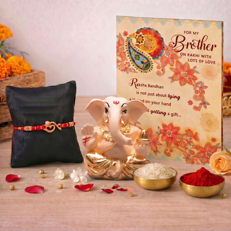 Archies 1 Auspicious Rakhi Set for Brother with Special Archies Greeting Card + Ganesha Showpiece - Rakhi Hamper for Brother, Bro, Bhaiya, Bhai | Rakhi Gift for Brother