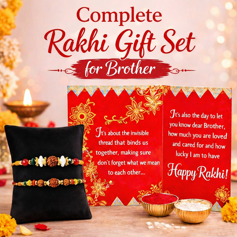 Archies 2 Traditional Rakhi Set for Brother with Special Archies Greeting Card + Akhand Diya Gift - Rakhi Hamper for Brother, Bro, Bhaiya, Bhai | Rakhi Gift for Brother